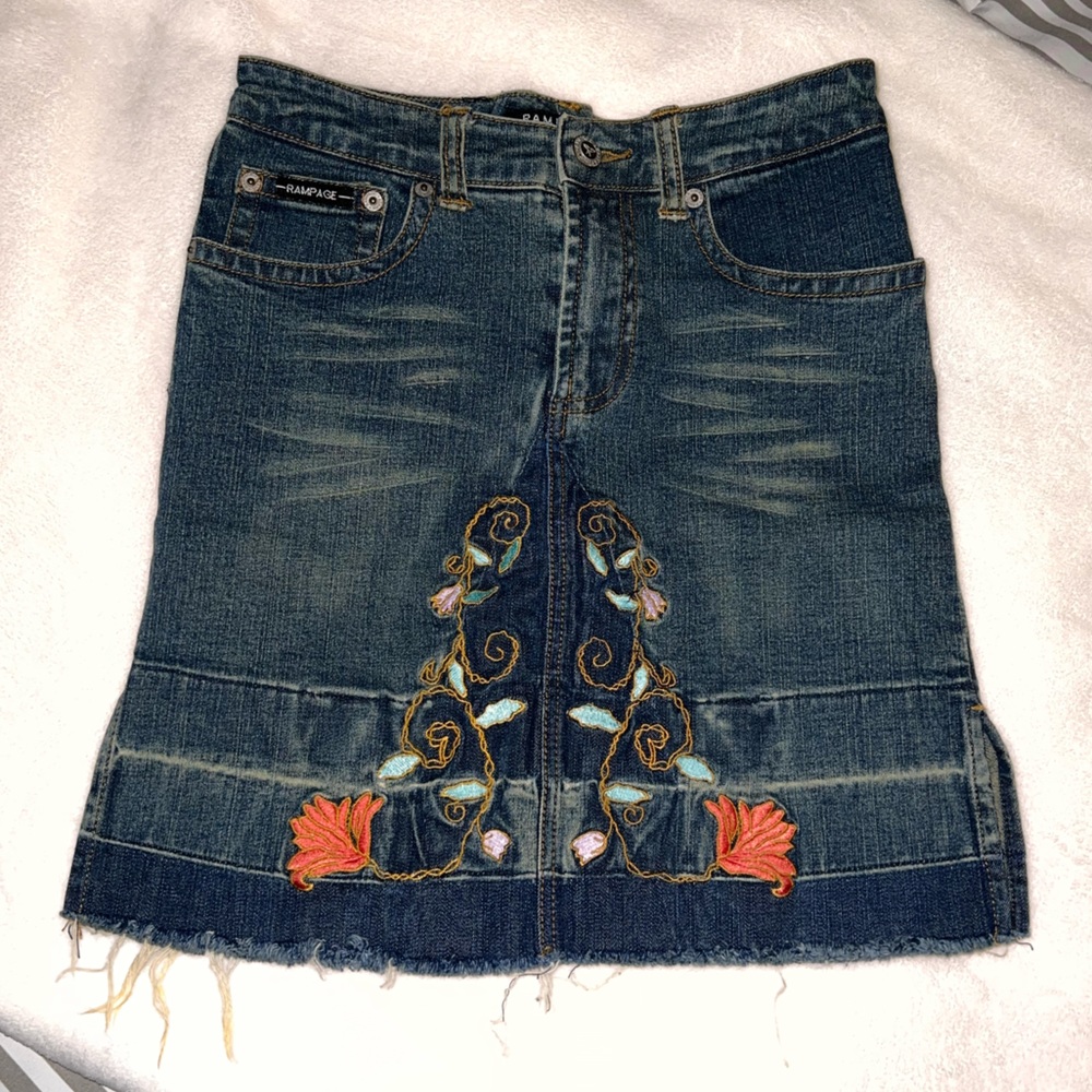 Rampage Floral Embroidered Jean Skirt